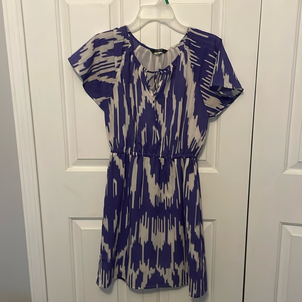 J. Crew Sz XS Purple white patterned Short Sleeve elastic waist Dress GUC B39